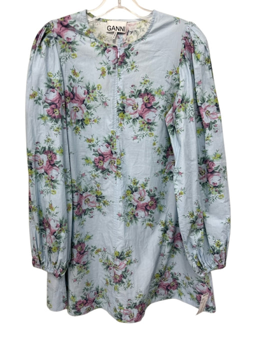 Ganni Size 36 Light Blue & Multi Cotton Long Sleeve Zip Front Floral Dress Light Blue & Multi / 36