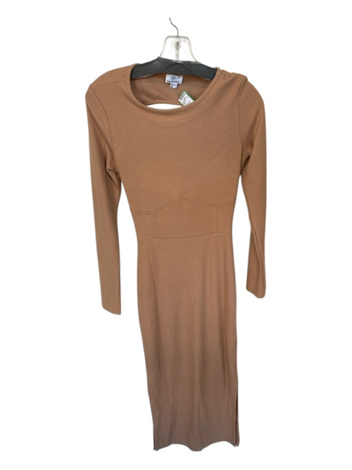 Pink Diamond Size 6 Tan Polyester Blend Long Sleeve Open Back Maxi Dress Tan / 6