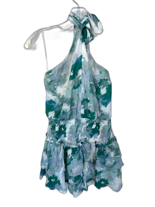 TCEC Size M White & Green Polyester Blend Abstract Ruffle Detail Scrunched Dress White & Green / M