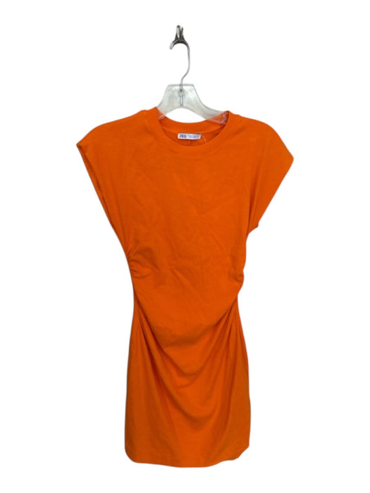 Zara Size S Orange Cotton Blend Scrunch Detail Cap Sleeve Round Neck Mini Dress Orange / S