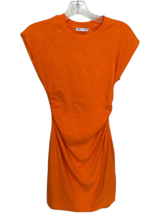 Zara Size S Orange Cotton Blend Scrunch Detail Cap Sleeve Round Neck Mini Dress Orange / S