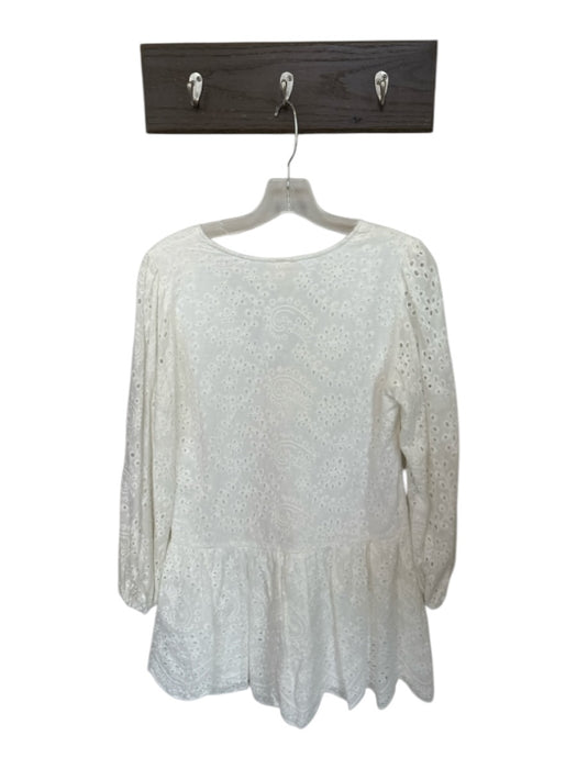 Eden Size M White Cotton Blend Button Down Eyelet V Neck Long Sleeve Dress White / M