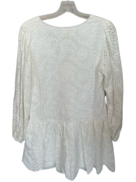Eden Size M White Cotton Blend Button Down Eyelet V Neck Long Sleeve Dress White / M