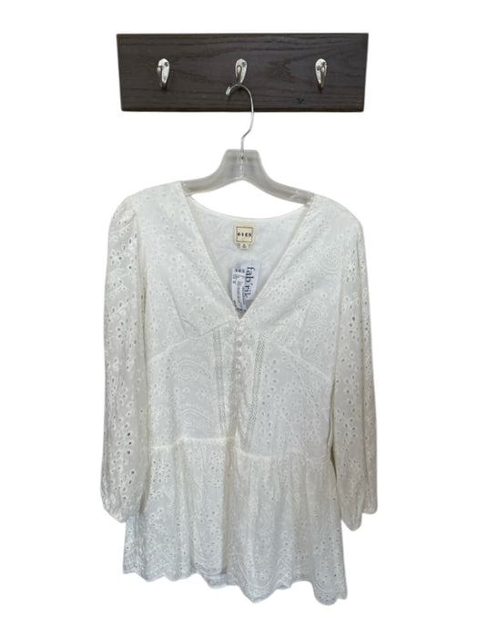 Eden Size M White Cotton Blend Button Down Eyelet V Neck Long Sleeve Dress White / M