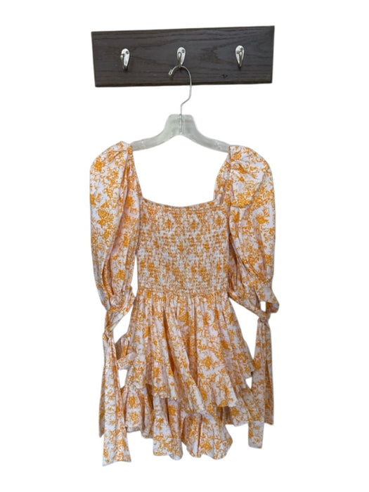Caroline Constas Size S Orange & White Cotton Blend Floral Puff Sleeve Dress Orange & White / S