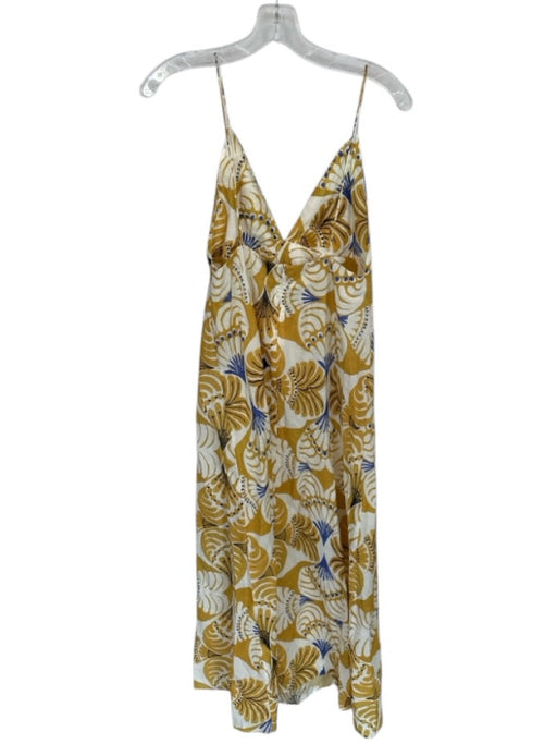Zara Size M Yellow & Cream Cotton Abstract V Neck Spaghetti Strap Back Zip Dress Yellow & Cream / M