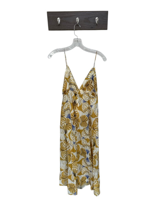 Zara Size M Yellow & Cream Cotton Abstract V Neck Spaghetti Strap Back Zip Dress Yellow & Cream / M