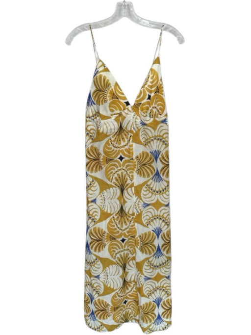 Zara Size M Yellow & Cream Cotton Abstract V Neck Spaghetti Strap Back Zip Dress Yellow & Cream / M