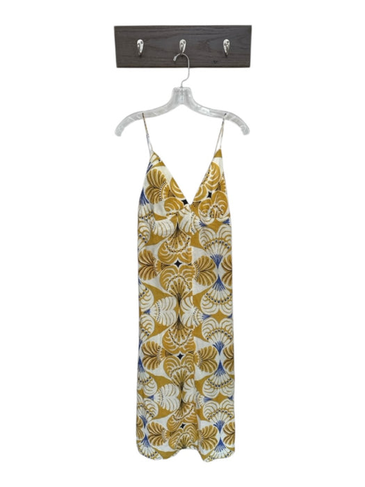 Zara Size M Yellow & Cream Cotton Abstract V Neck Spaghetti Strap Back Zip Dress Yellow & Cream / M