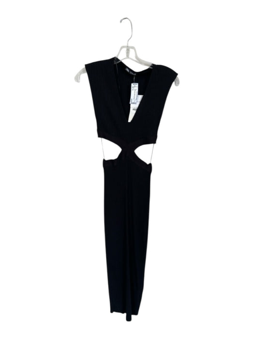 Zara Size M Black Cotton Ribbed V Neck Sleeveless Cut Out Dress Black / M