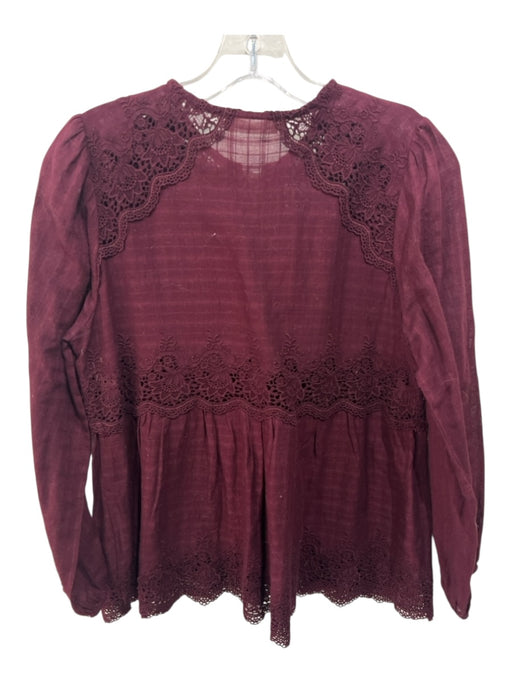 Ulla Johnson Size 2 Burgundy Red Cotton Long Sleeve Crochet Lace Lace Up Top Burgundy Red / 2