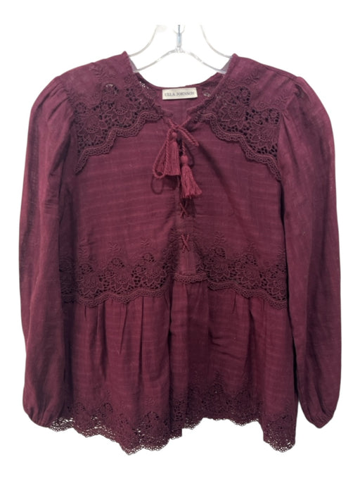 Ulla Johnson Size 2 Burgundy Red Cotton Long Sleeve Crochet Lace Lace Up Top Burgundy Red / 2