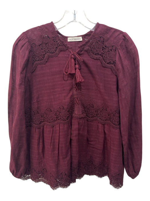Ulla Johnson Size 2 Burgundy Red Cotton Long Sleeve Crochet Lace Lace Up Top Burgundy Red / 2