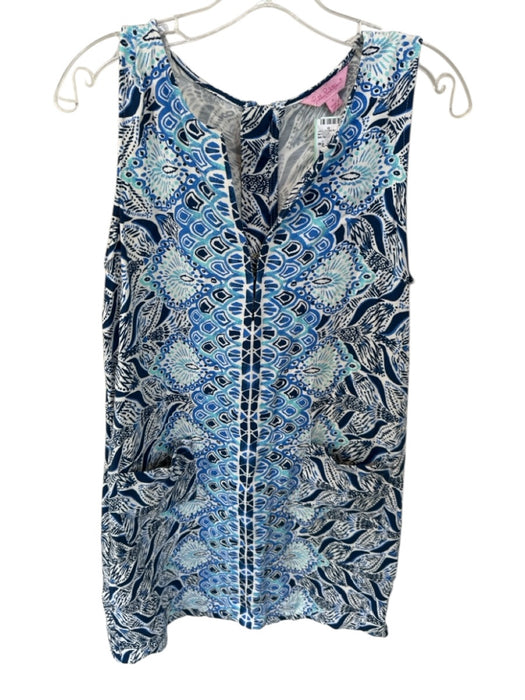 Lilly Pulitzer Size 8 Blue & White V Neck Pockets Front Clasps Midi Dress Blue & White / 8