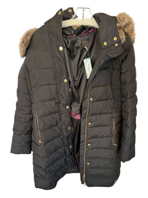 Joules Size 8 Black & Brown Polyester Puffer Faux Fur Trim Removable Hood Coat Black & Brown / 8