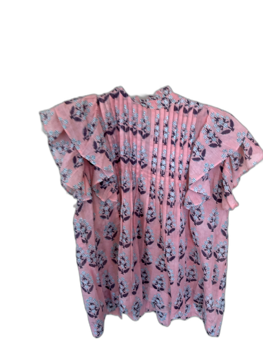 Oliphant Size S Pink & Purple Cotton Flutter Sleeves Flowers Pleat Detail Top Pink & Purple / S