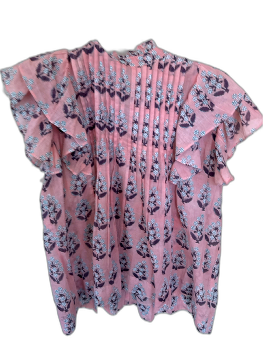 Oliphant Size S Pink & Purple Cotton Flutter Sleeves Flowers Pleat Detail Top Pink & Purple / S
