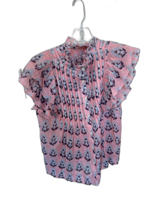 Oliphant Size S Pink & Purple Cotton Flutter Sleeves Flowers Pleat Detail Top Pink & Purple / S