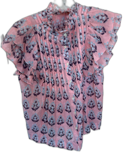 Oliphant Size S Pink & Purple Cotton Flutter Sleeves Flowers Pleat Detail Top Pink & Purple / S