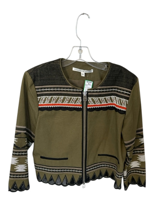 Veronica Beard Size L Olive Green & Orange Cotton Embroidered Beaded Jacket Olive Green & Orange / L