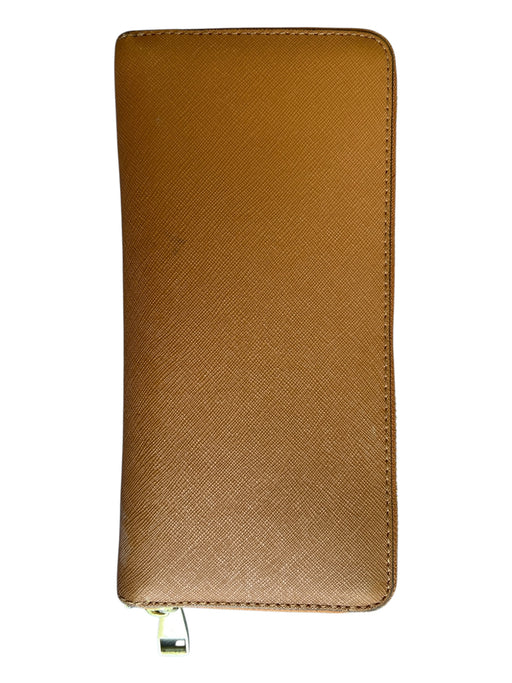 Tory Burch Tan Saffiano Leather Card Slots Zip Around Logo Wallets Tan