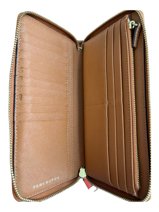 Tory Burch Tan Saffiano Leather Card Slots Zip Around Logo Wallets Tan