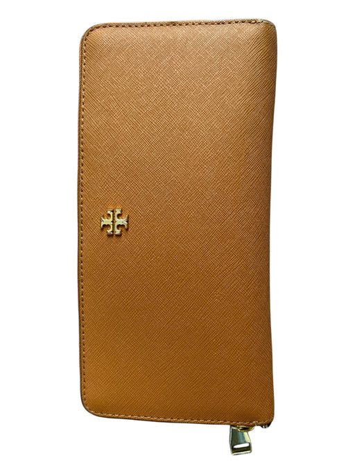 Tory Burch Tan Saffiano Leather Card Slots Zip Around Logo Wallets Tan