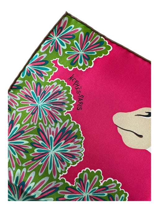 Hermes Pink, Green, Brown Silk Square Giraffe Floral Rolled Hem scarf Pink, Green, Brown / 45