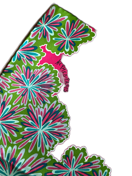 Hermes Pink, Green, Brown Silk Square Giraffe Floral Rolled Hem scarf Pink, Green, Brown / 45