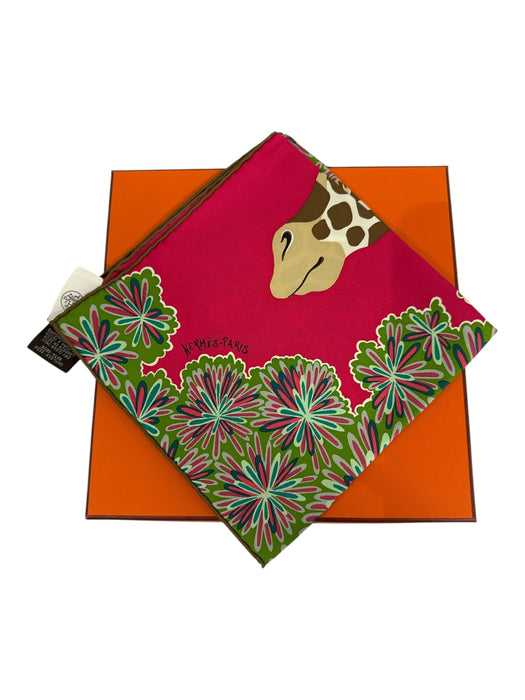 Hermes Pink, Green, Brown Silk Square Giraffe Floral Rolled Hem scarf Pink, Green, Brown / 45