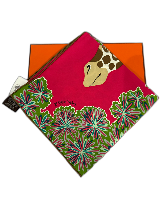 Hermes Pink, Green, Brown Silk Square Giraffe Floral Rolled Hem scarf Pink, Green, Brown / 45