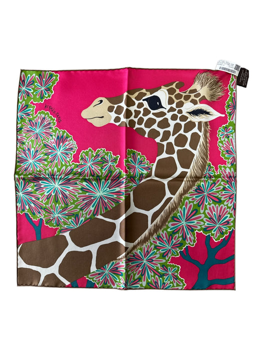 Hermes Pink, Green, Brown Silk Square Giraffe Floral Rolled Hem scarf Pink, Green, Brown / 45