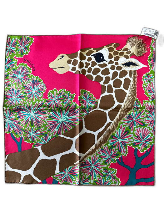Hermes Pink, Green, Brown Silk Square Giraffe Floral Rolled Hem scarf Pink, Green, Brown / 45