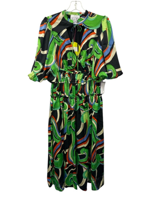 Alden Adair Size XS Green, Blue, Orange Polyester Short Bubble Sleeve Midi Dress Green, Blue, Orange / XS