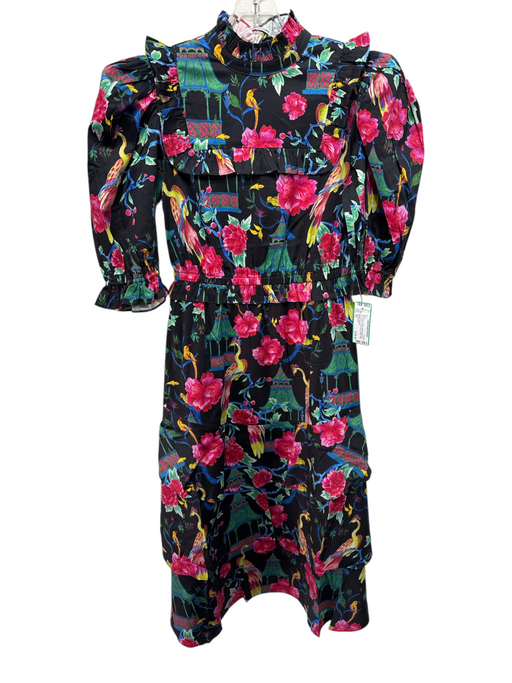 Alden Adair Size XS Black & Multi Cotton Blend Half Puff Sleeve Tiered Dress Black & Multi / XS