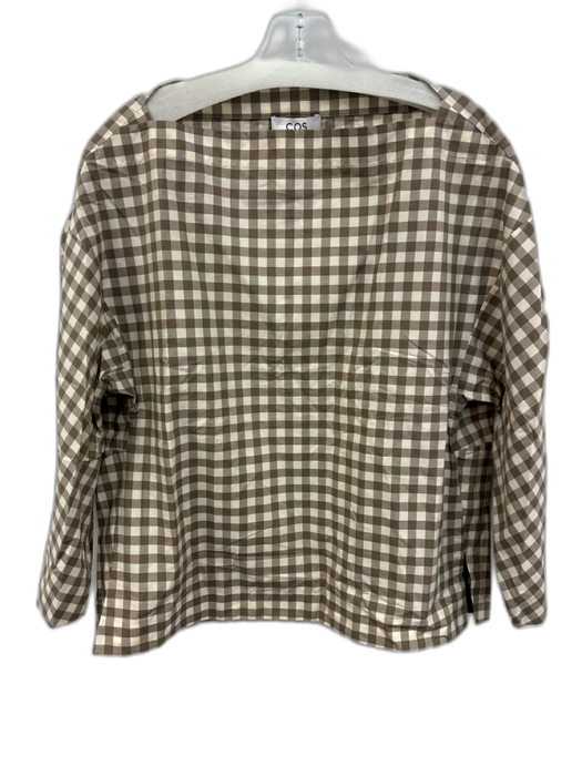 COS Size 8 Taupe Cotton Long Sleeve Gingham Boat Neck Side Slit Top Taupe / 8