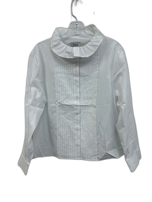 COS Size 8 White Cotton Long Sleeve Pintuck Button Front Ruffle Neckline Top White / 8