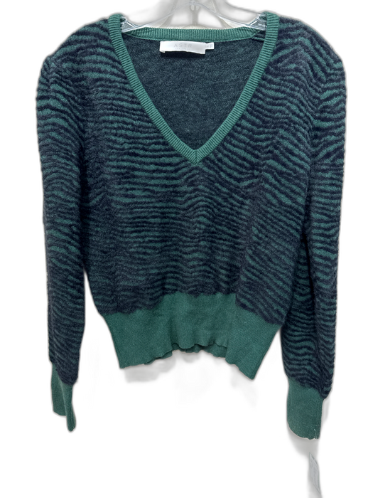 ASTR Size Large Green & Black Polyester Long Sleeve Animal Stripe V Neck Sweater Green & Black / Large