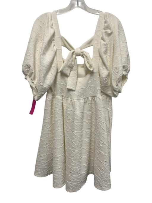 Free People Size L White Polyester Textured Short Puff Sleeve Square Neck Dress White / L