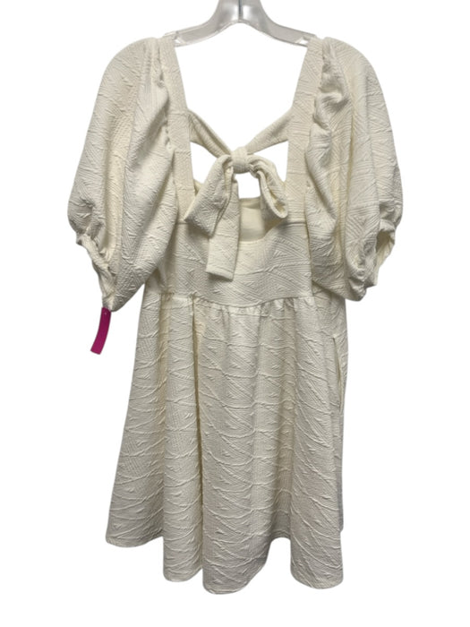 Free People Size L White Polyester Textured Short Puff Sleeve Square Neck Dress White / L
