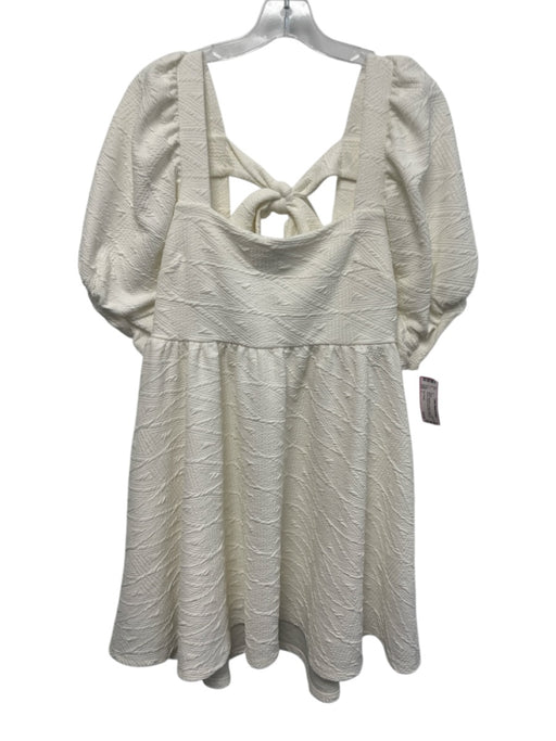 Free People Size L White Polyester Textured Short Puff Sleeve Square Neck Dress White / L