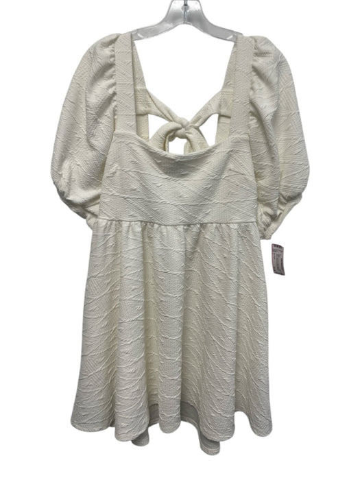 Free People Size L White Polyester Textured Short Puff Sleeve Square Neck Dress White / L