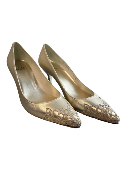 Stuart Weitzman Shoe Size 9.5 Champagne Leather Pointed Toe Lace design Heels Champagne / 9.5