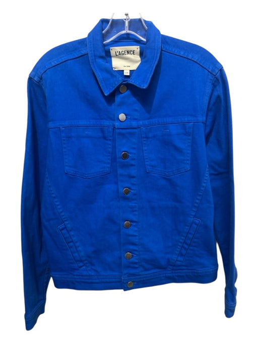 L'agence Size L Blue Cotton Blend Denim Button Front Long Sleeve Collared Jacket Blue / L