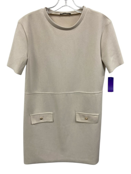 Zara Size M Beige Polyester Short Sleeve Flap Pocket Gold Buttons Mini Dress Beige / M