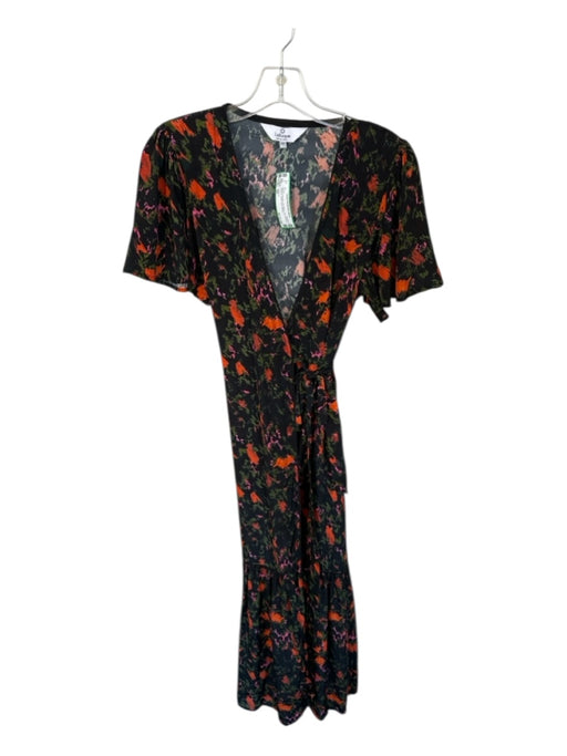 LaRoque Size XS Black & Orange Silk Blend Short Sleeve Abstract Wrap Maxi Dress Black & Orange / XS
