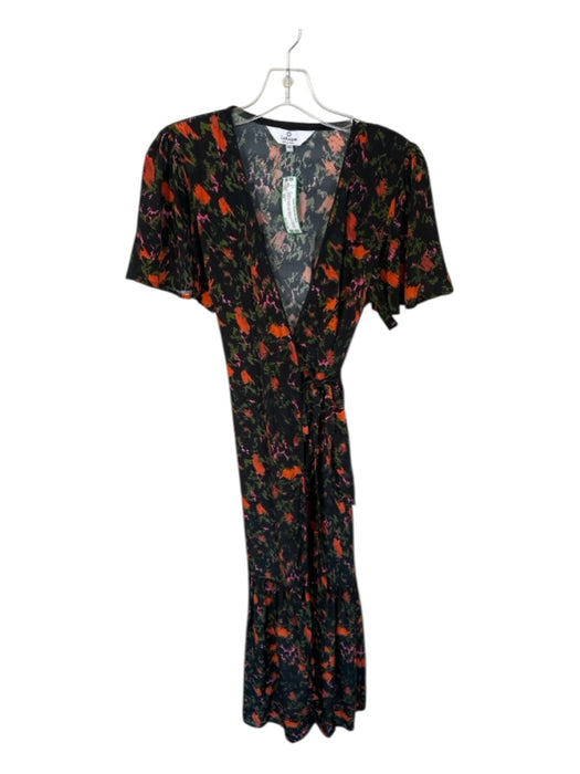 LaRoque Size XS Black & Orange Silk Blend Short Sleeve Abstract Wrap Maxi Dress Black & Orange / XS