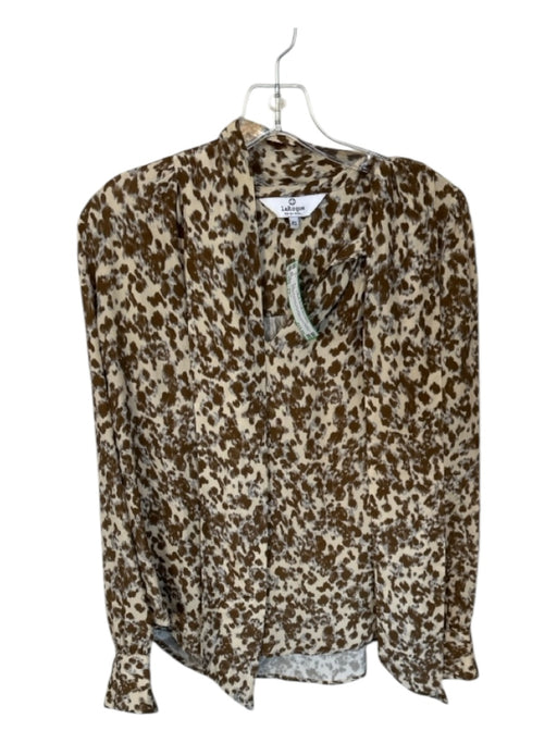 LaRoque Size XS Brown & Cream Silk Blend Long Sleeve Animal Print Neck Tie Top Brown & Cream / XS