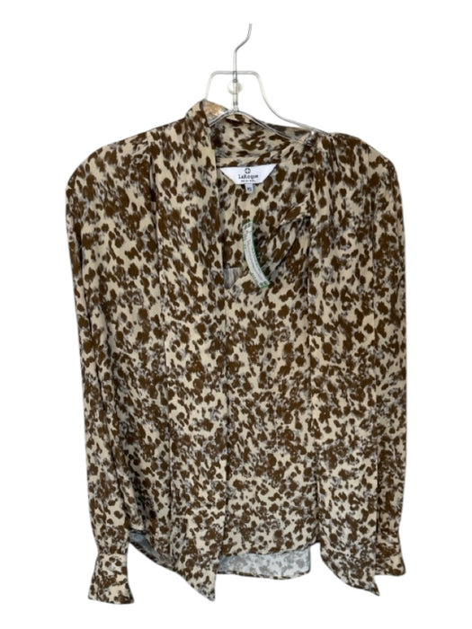 LaRoque Size XS Brown & Cream Silk Blend Long Sleeve Animal Print Neck Tie Top Brown & Cream / XS