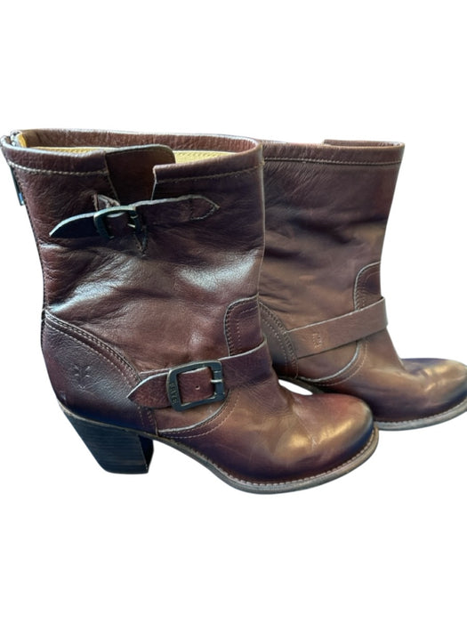 Frye Shoe Size 8 Dark Brown Leather Back Zip Block Heel Buckles Booties Dark Brown / 8